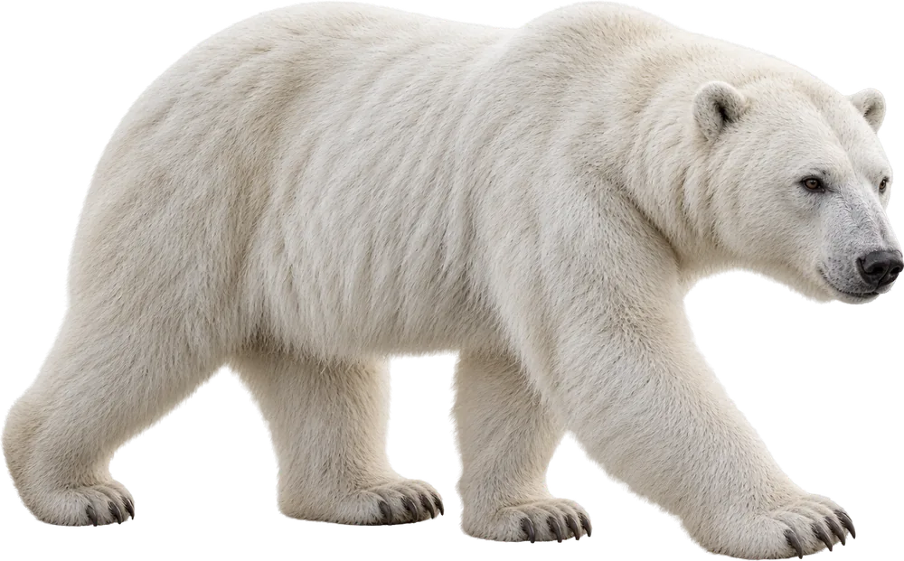 Ein Eisbär im Schritt, seitlich gesehen