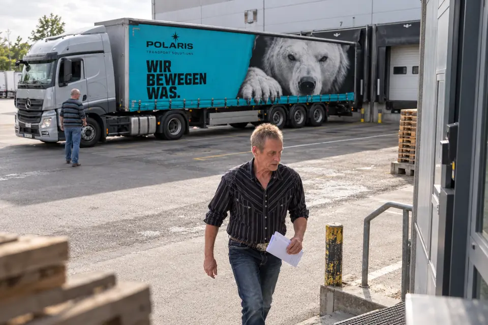 Ein Mann geht mit Lieferpapieren über den Hof, im Hintergrund steht ein Lkw mit türkisem Auflieger vor der Laderampe