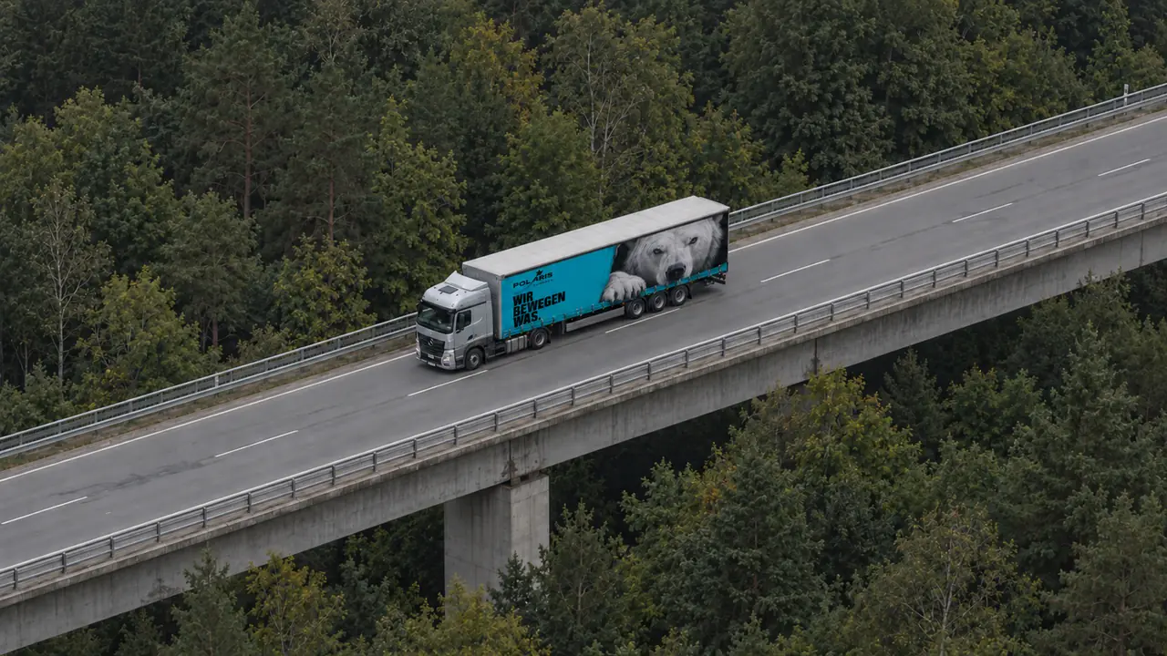 Aus der Vogelperspektive fährt ein Polaris-Lkw mit türkisem Auflieger über eine Autobahnbrücke durch dunklen Wald