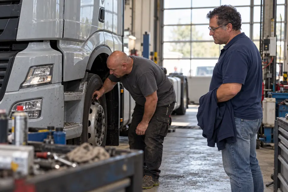Ein Mechaniker prüft in der Fahrzeugwerkstatt das Vorderrad eines Lkw, ein zweiter Mann sieht zu